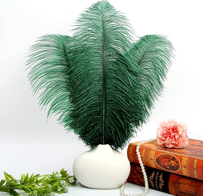 THARAHT Blackish Green Ostrich Feathers 12pcs Large Natural Bulk 12-14Inch 30cm-35cm for Wedding Party Centerpieces Mardi Gras Decoration Feather